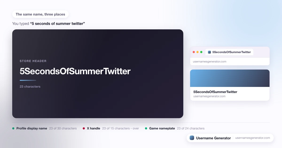 One username shown as a profile display name, a short handle and a game nameplate, with each limit marked.
