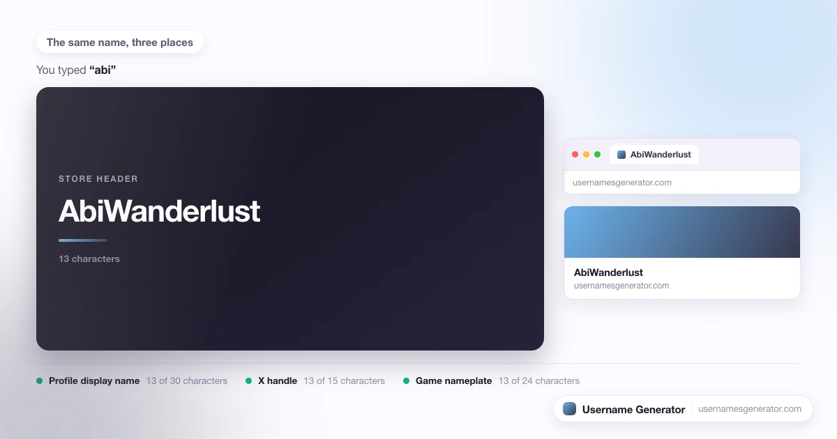 One username shown as a profile display name, a short handle and a game nameplate, with each limit marked.