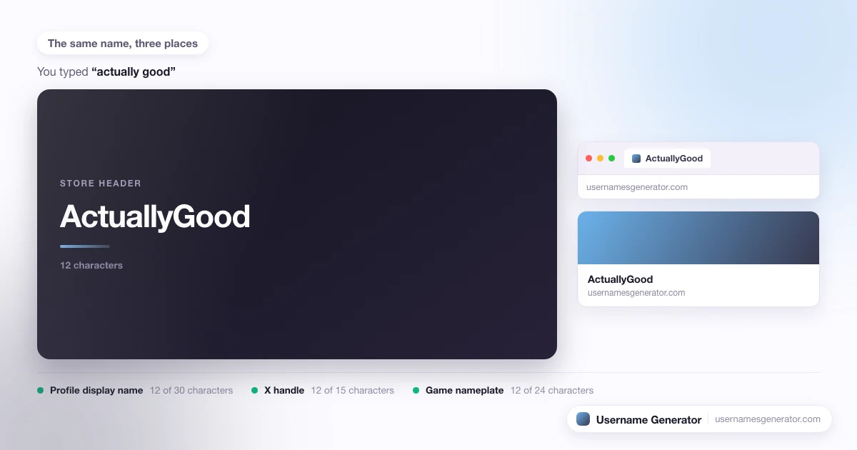 One username shown as a profile display name, a short handle and a game nameplate, with each limit marked.