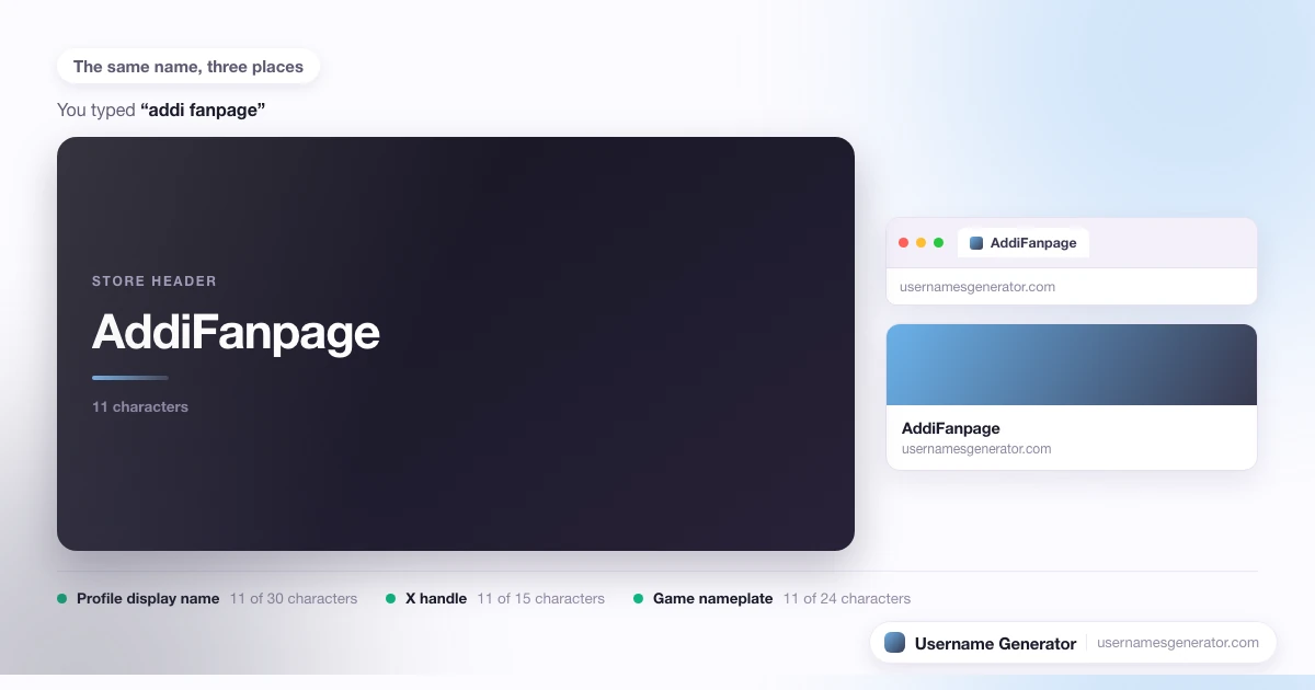 One username shown as a profile display name, a short handle and a game nameplate, with each limit marked.