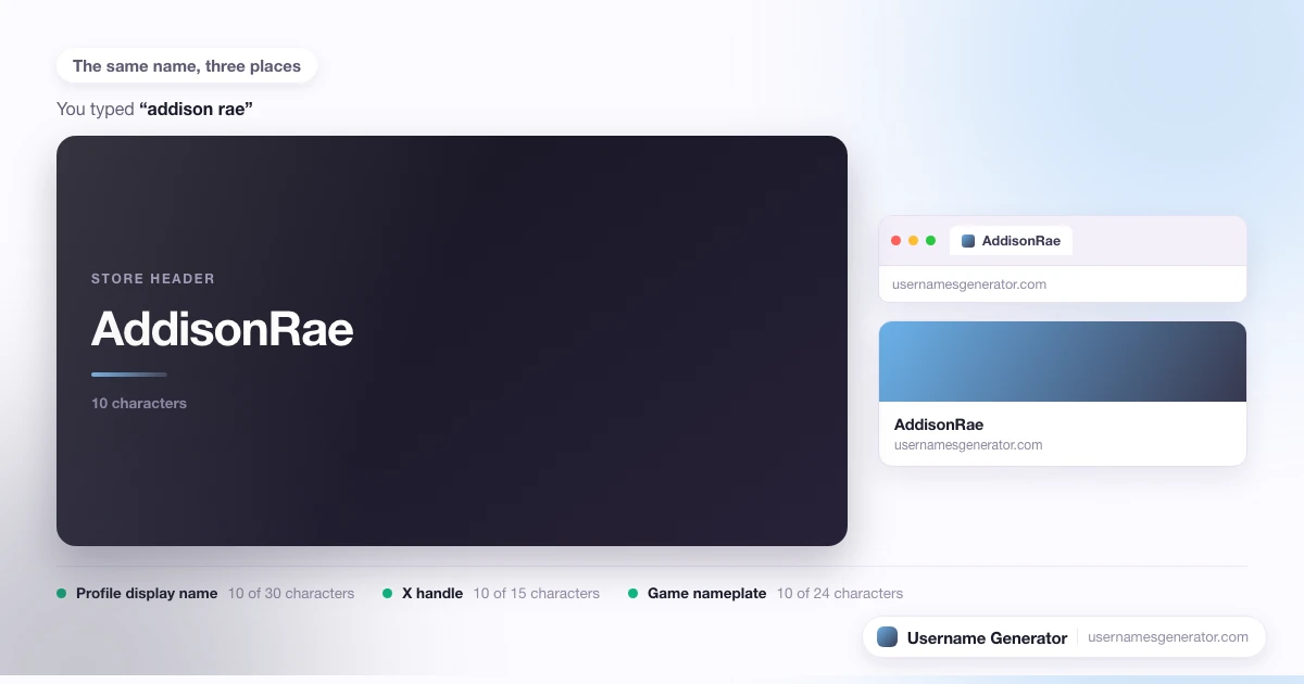One username shown as a profile display name, a short handle and a game nameplate, with each limit marked.