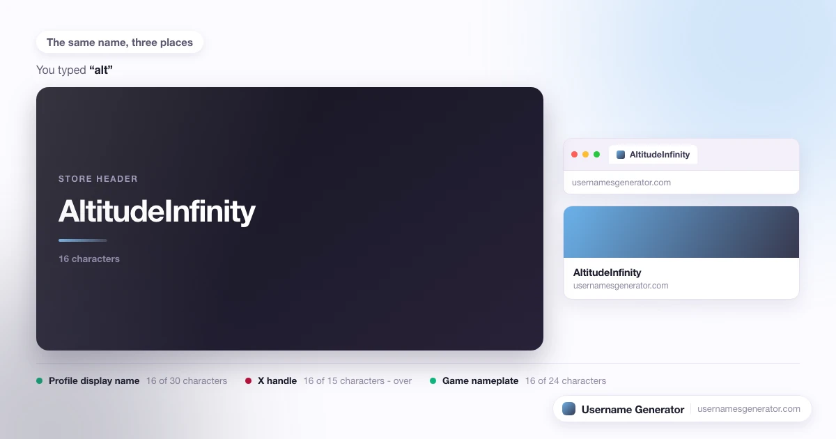 One username shown as a profile display name, a short handle and a game nameplate, with each limit marked.