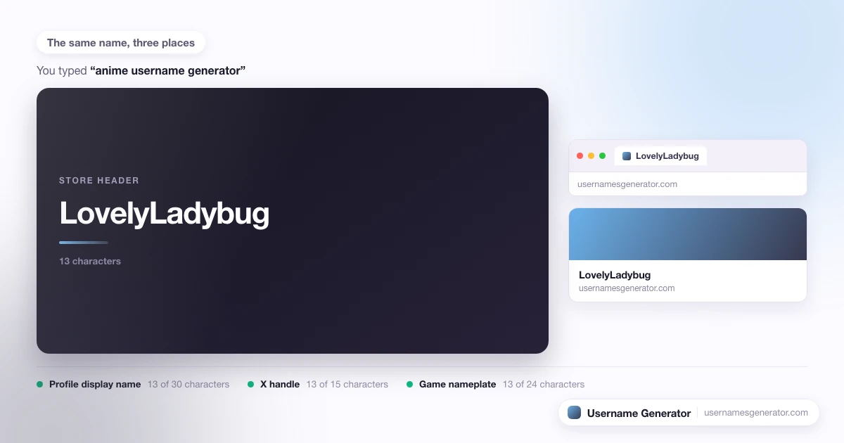 One username shown as a profile display name, a short handle and a game nameplate, with each limit marked.