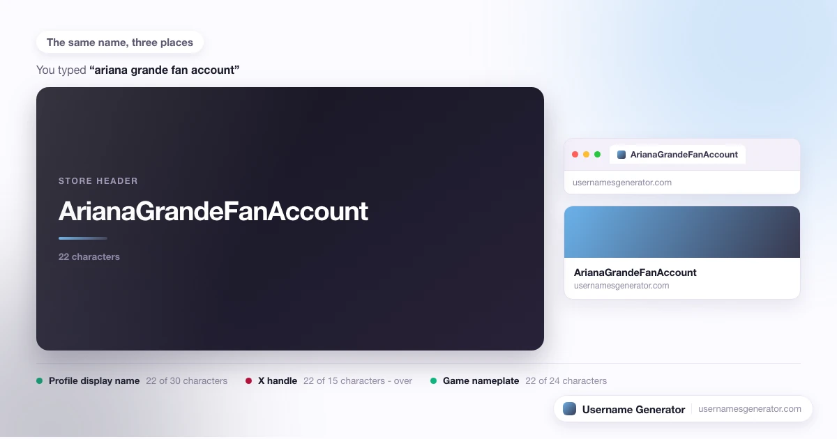 One username shown as a profile display name, a short handle and a game nameplate, with each limit marked.