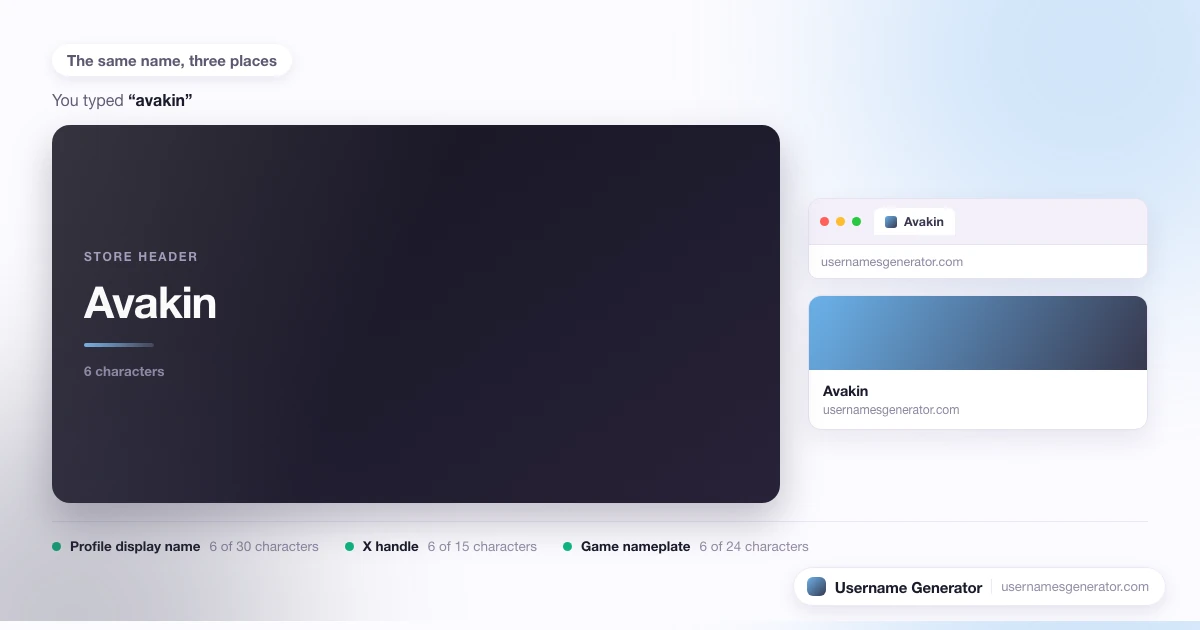 One username shown as a profile display name, a short handle and a game nameplate, with each limit marked.