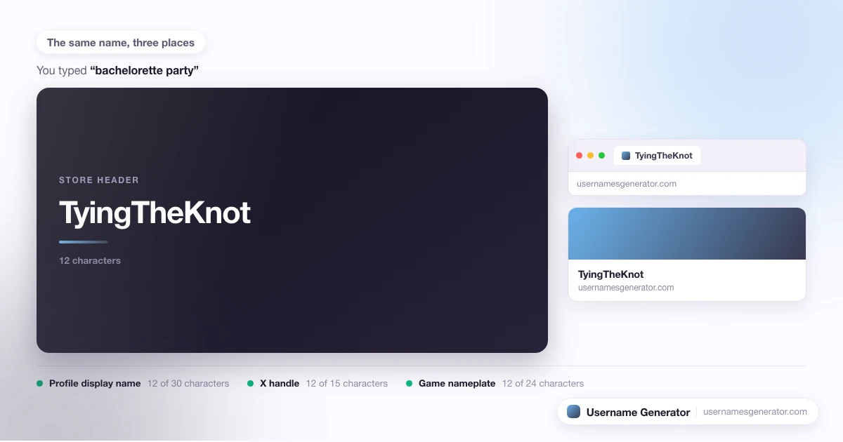 One username shown as a profile display name, a short handle and a game nameplate, with each limit marked.