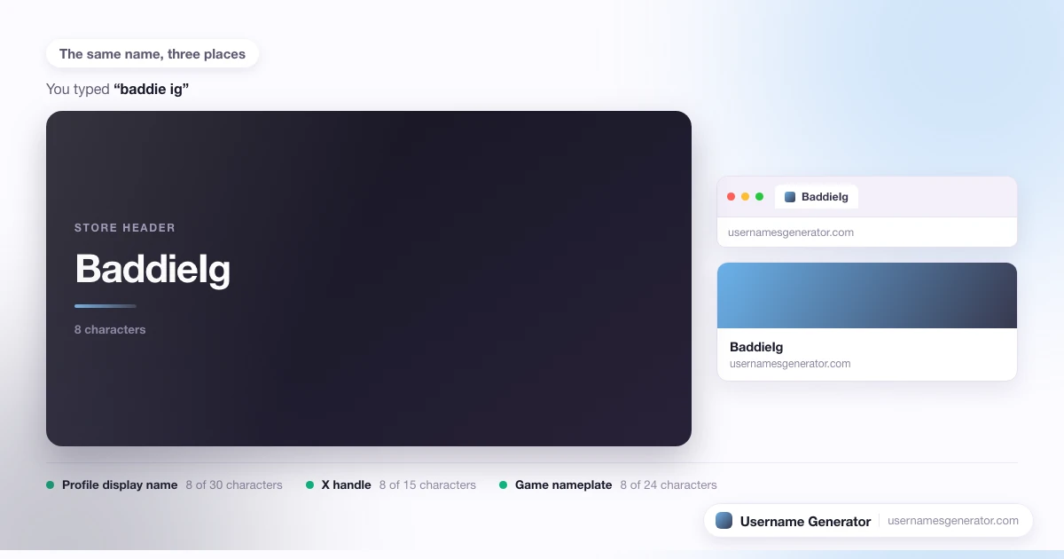 One username shown as a profile display name, a short handle and a game nameplate, with each limit marked.