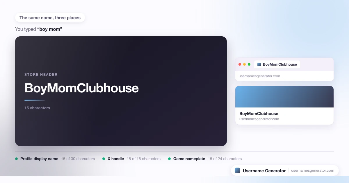One username shown as a profile display name, a short handle and a game nameplate, with each limit marked.
