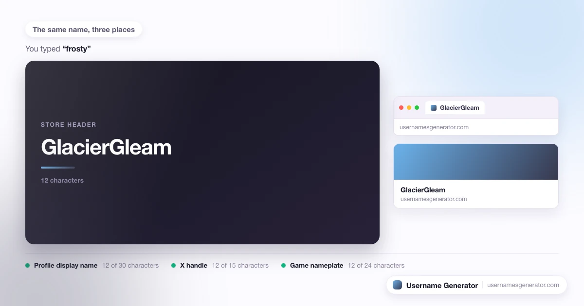 One username shown as a profile display name, a short handle and a game nameplate, with each limit marked.
