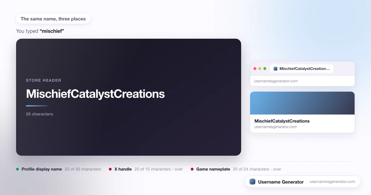 One username shown as a profile display name, a short handle and a game nameplate, with each limit marked.