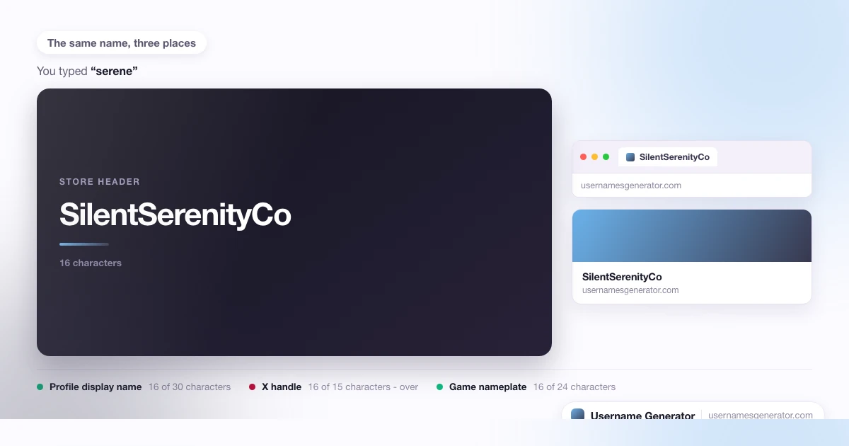 One username shown as a profile display name, a short handle and a game nameplate, with each limit marked.