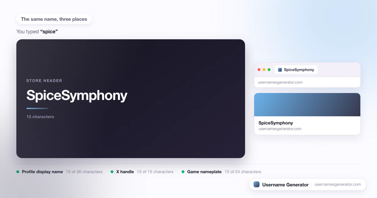 One username shown as a profile display name, a short handle and a game nameplate, with each limit marked.